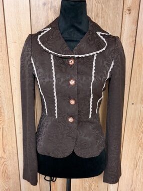 Vintage Besti Belli 80’s Blazer Brown Jacquard Lace Trim Korean Designer Size S